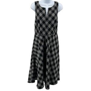 eShakti Dress SZ S Midi Fit & Flare Black Gray Plaid Sleeveless Split Neck Lined